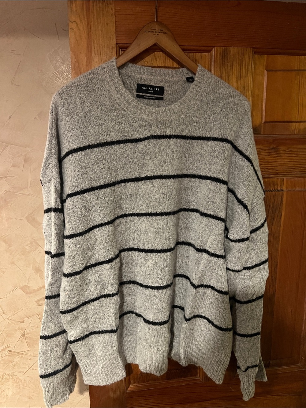 All Saints Grey Crewneck Sweater with Black Stripes